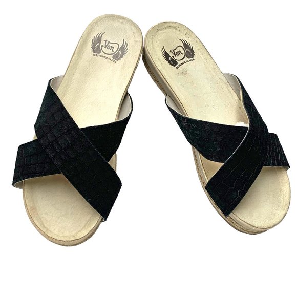 VON DUTCH Crossover Black Embossed Suede Platform Slide Sandals - Picture 8 of 11